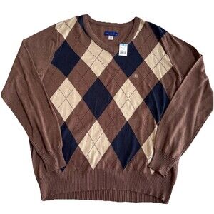 NWT Mens Simply Styled Fine Gauge V Neck Brown/Blue/Tan Argyle Sweater Size L